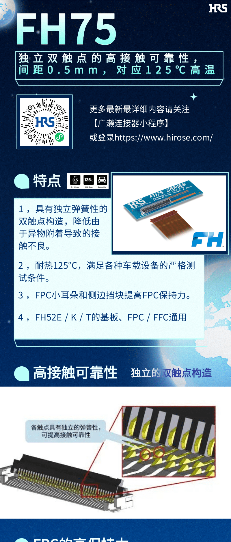 【產品推薦】車載用雙觸點、耐高溫125℃ FPC/FFC連接器-FH75